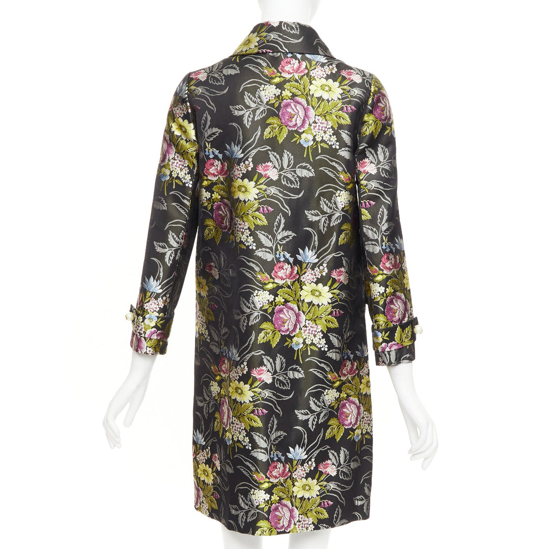 GUCCI 2016 Runway black silk floral jacquard GG pearl evening coat IT38 XS