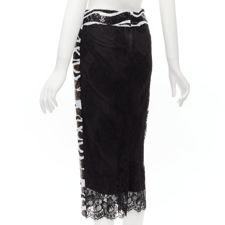 DOLCE GABBANA 2022 black white zebra sequins chantilly lace back skirt IT38 XS