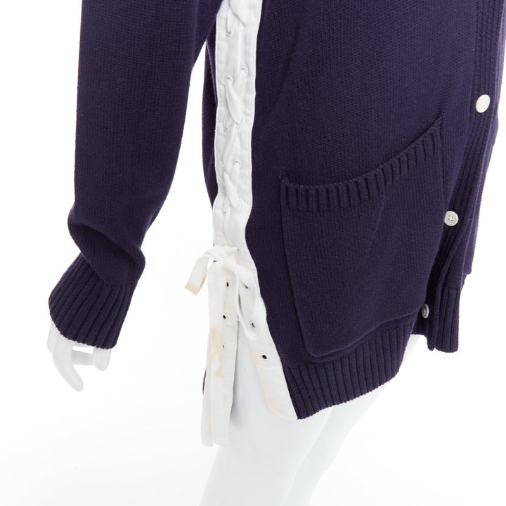 MONSE navy white cotton blend laced side hooded cardigan XS