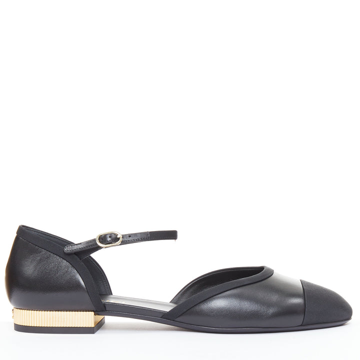 CHANEL 20C black leather grosgrain cap toe gold CC heel mary jane flats EU40