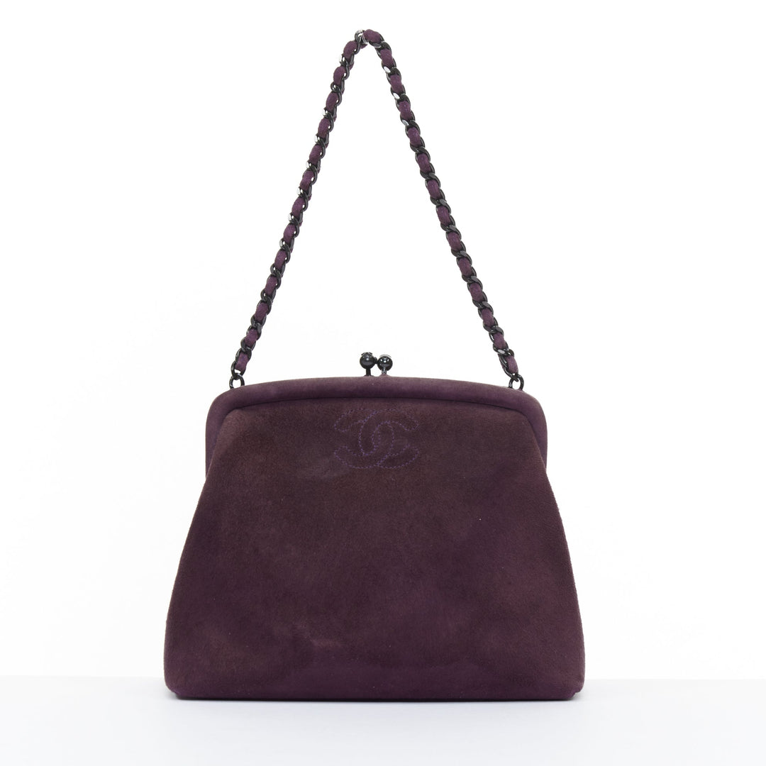 CHANEL 1998 Vintage kiss lock purple suede embroidered cc chain clutch bag