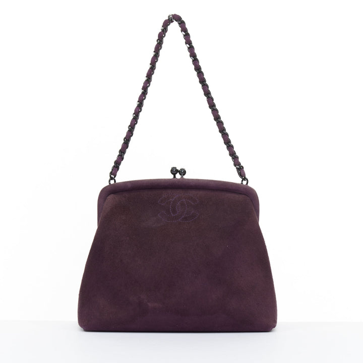 CHANEL 1998 Vintage kiss lock purple suede embroidered cc chain clutch bag