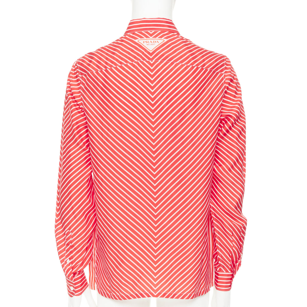 PRADA 2022  100% silk red white diagonal stripe logo back dress shirt EU39 M