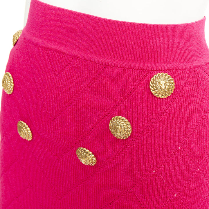 BALMAIN Embellished Knit Miniskirt pink gold button diamond quilted skirt FR36 S