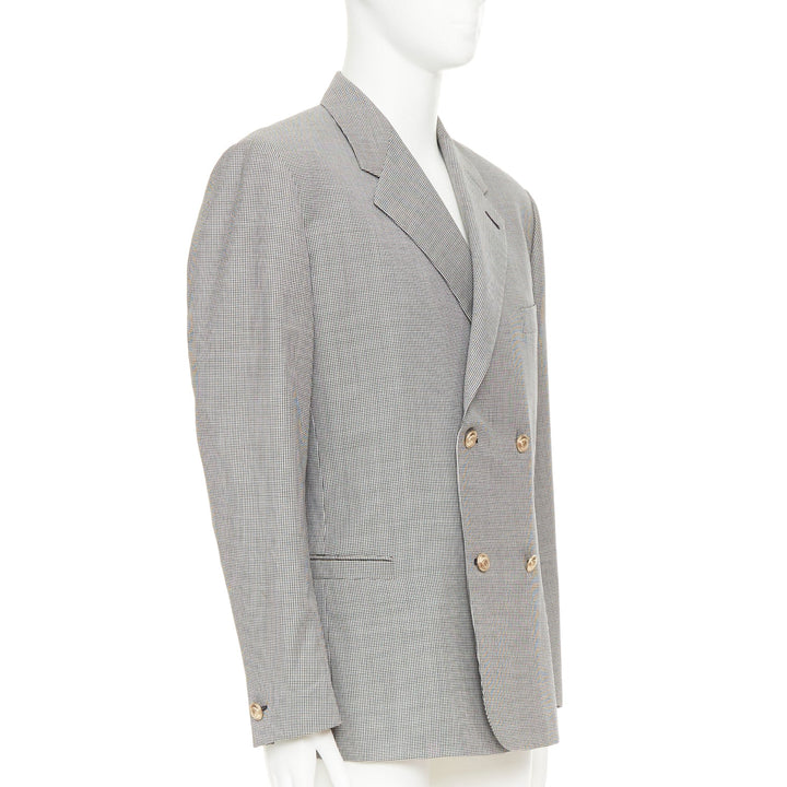 VERSACE grey wool micro houndstooth gold Medusa double breasted blazer EU50 L