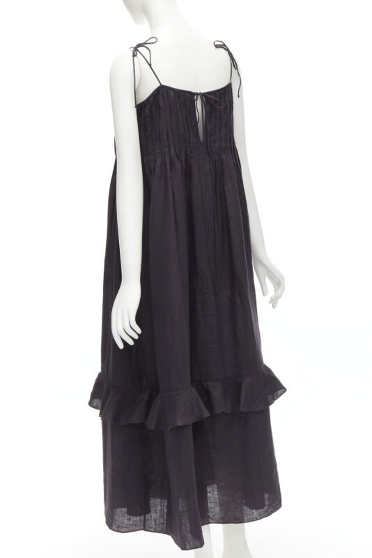 THREE GRACES LONDON black washed cotton pelated bust frill trim maxi dress UK8 S