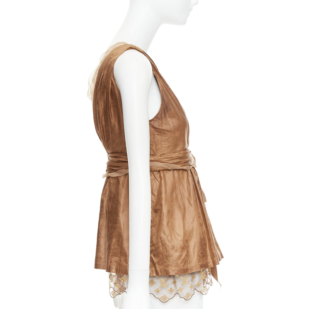 LOUIS VUITTON Marc Jacobs bronze monogram silk lace rosette wrap top FR38 M