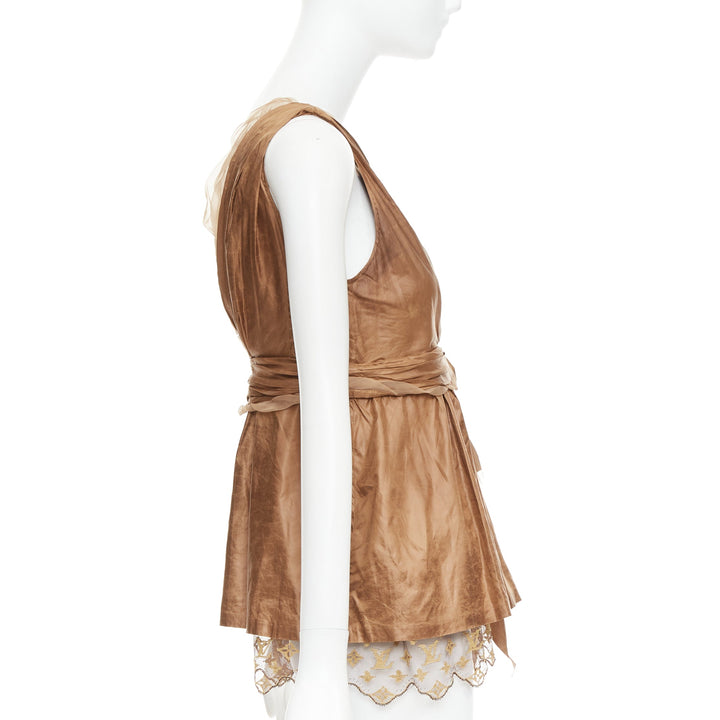LOUIS VUITTON Marc Jacobs bronze monogram silk lace rosette wrap top FR38 M