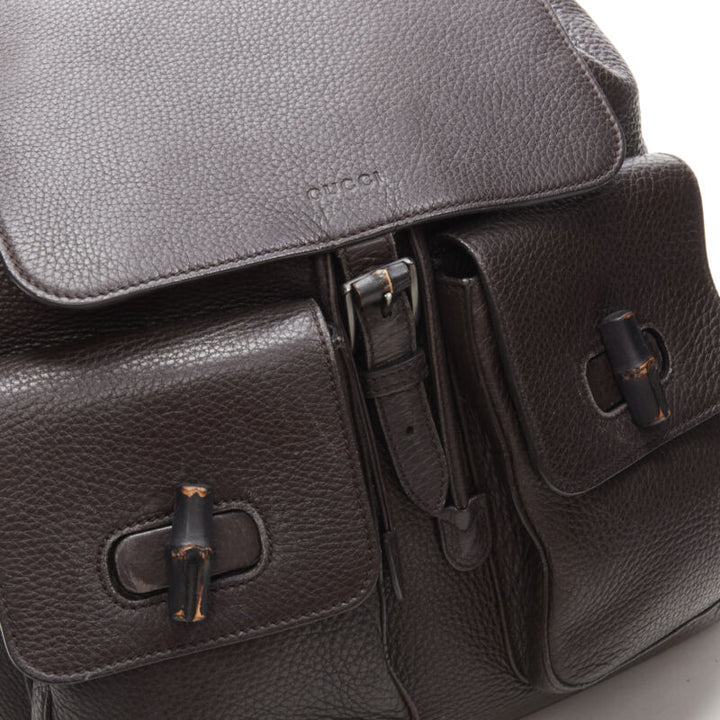 GUCCI dark brown pebble leather Bamboo turnlock pocket flap backpack bag