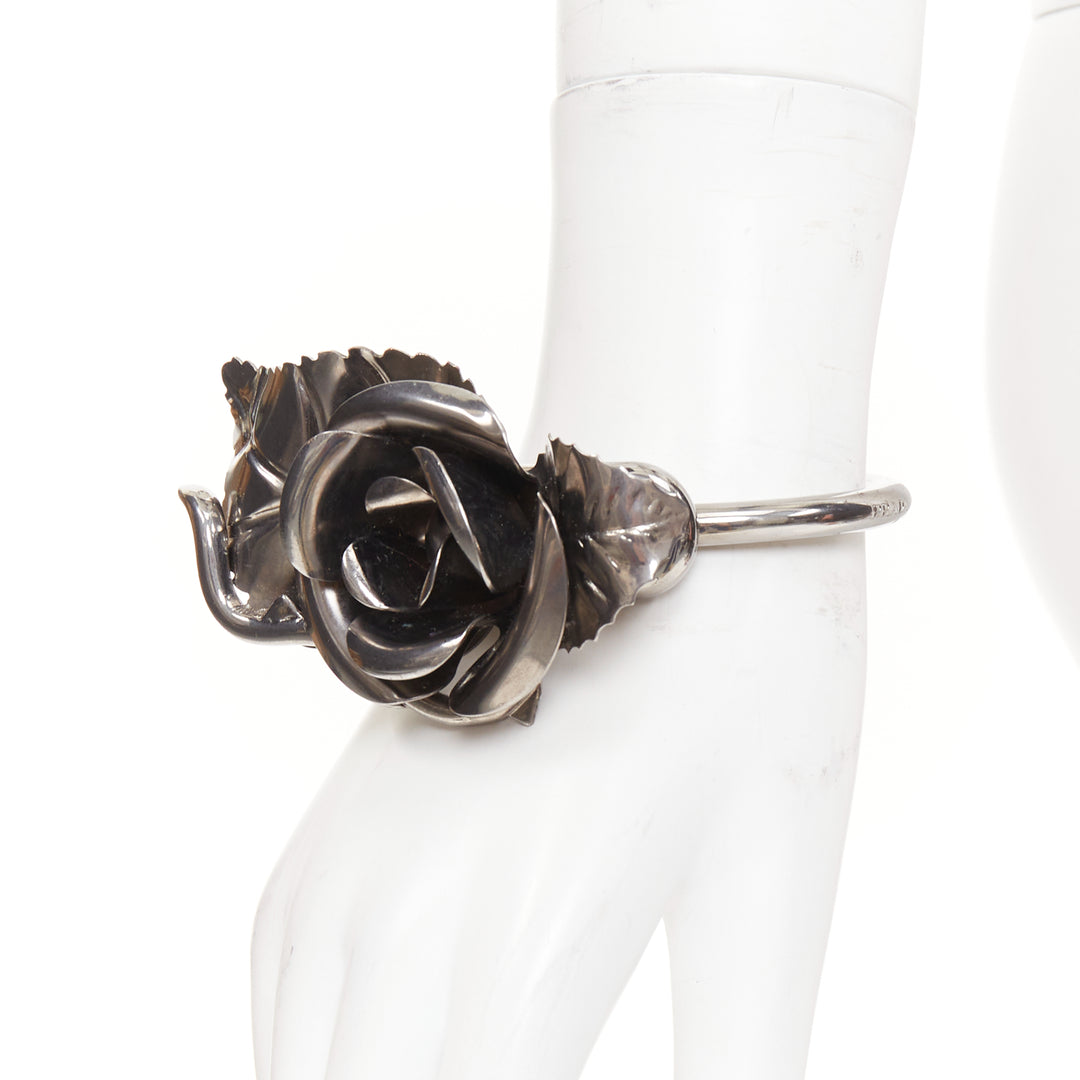 rare PRADA 2016 Rose Bangle gunmetal metal flower petals leaves bracelet bangle