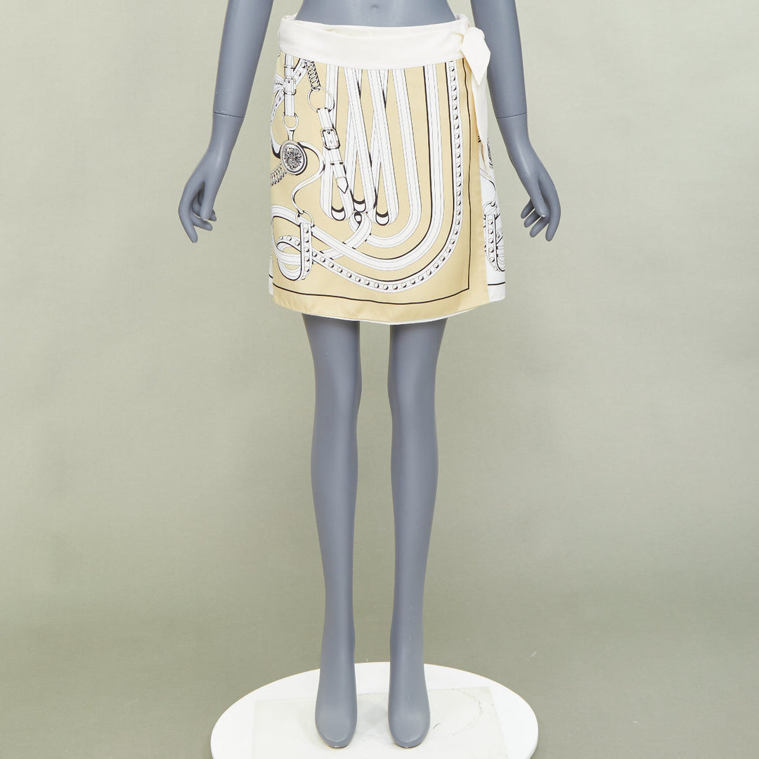 HERMES 100% silk Equestrian Bridle cream silk print wrap skirt FR36 S