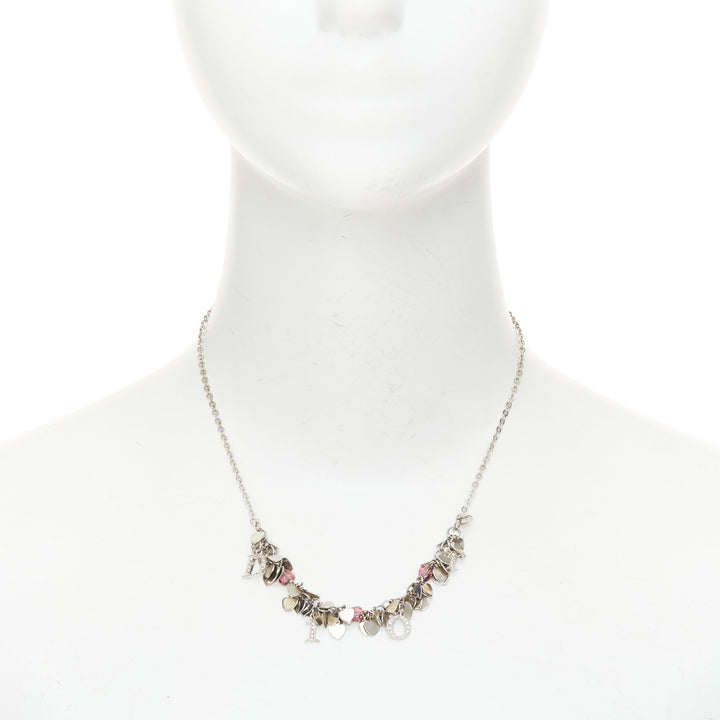 CHRISTIAN DIOR Vintage silver crystal heart logo letter charm choker necklace