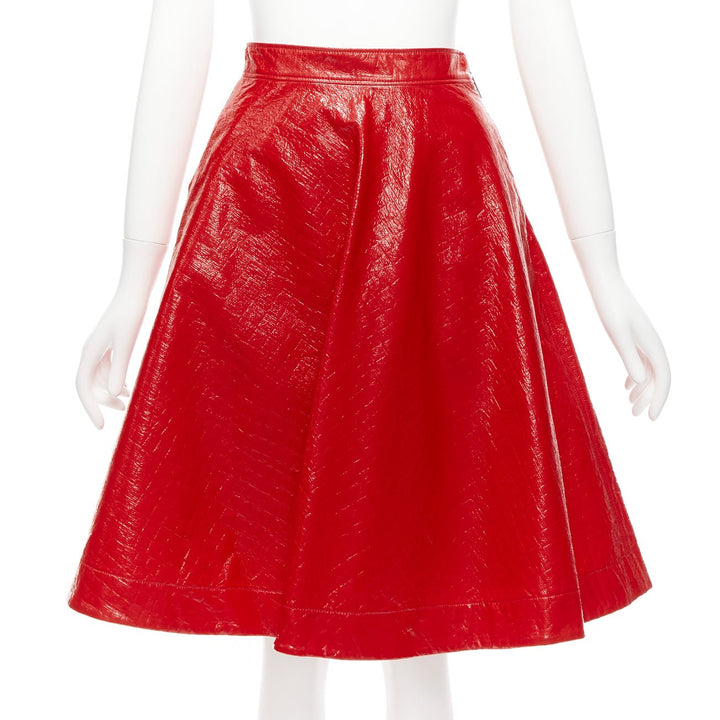 MSGM red faux patent high shine crinkled A-line flared skirt IT38 XS