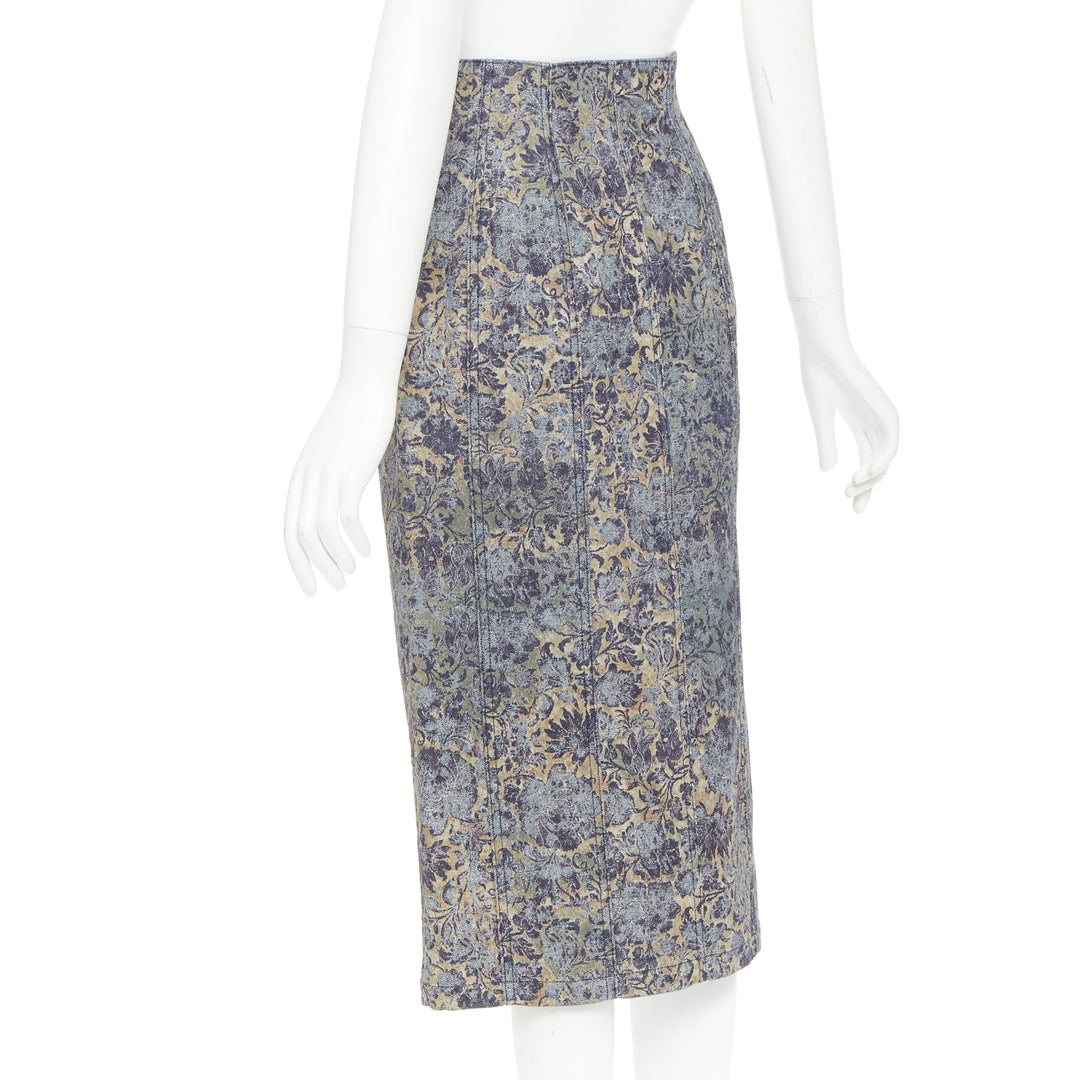 DIOR Brocart blue beige floral brocade denim knee skirt FR36 S