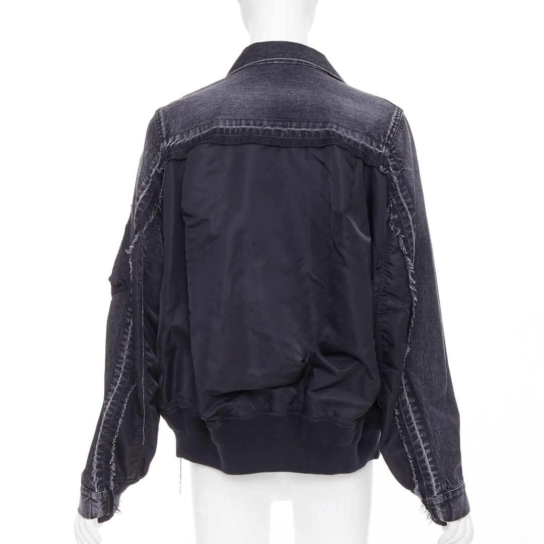 SACAI 2019 grey washed cotton blend denim black nylon hybrid jacket JP2 M
