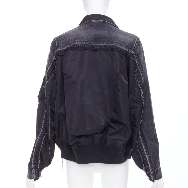 SACAI 2019 grey washed cotton blend denim black nylon hybrid jacket JP2 M