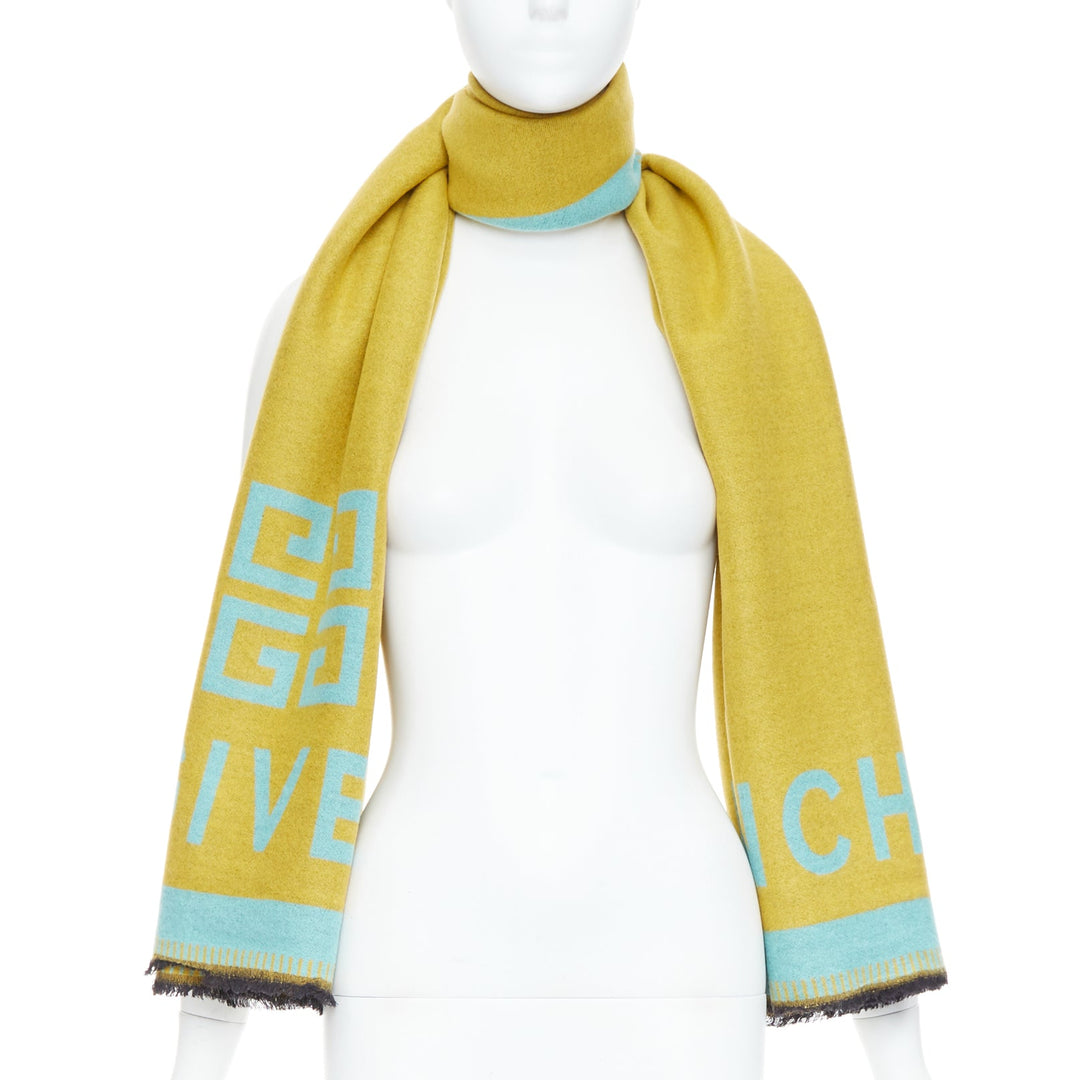 GIVENCHY mustard mint green wooly black fringe big logo long scarf