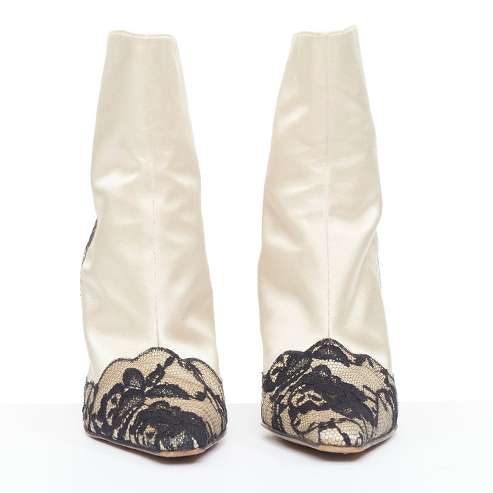 JIMMY CHOO Bridal beige satin black lace trim point toes heel ankle booties EU37