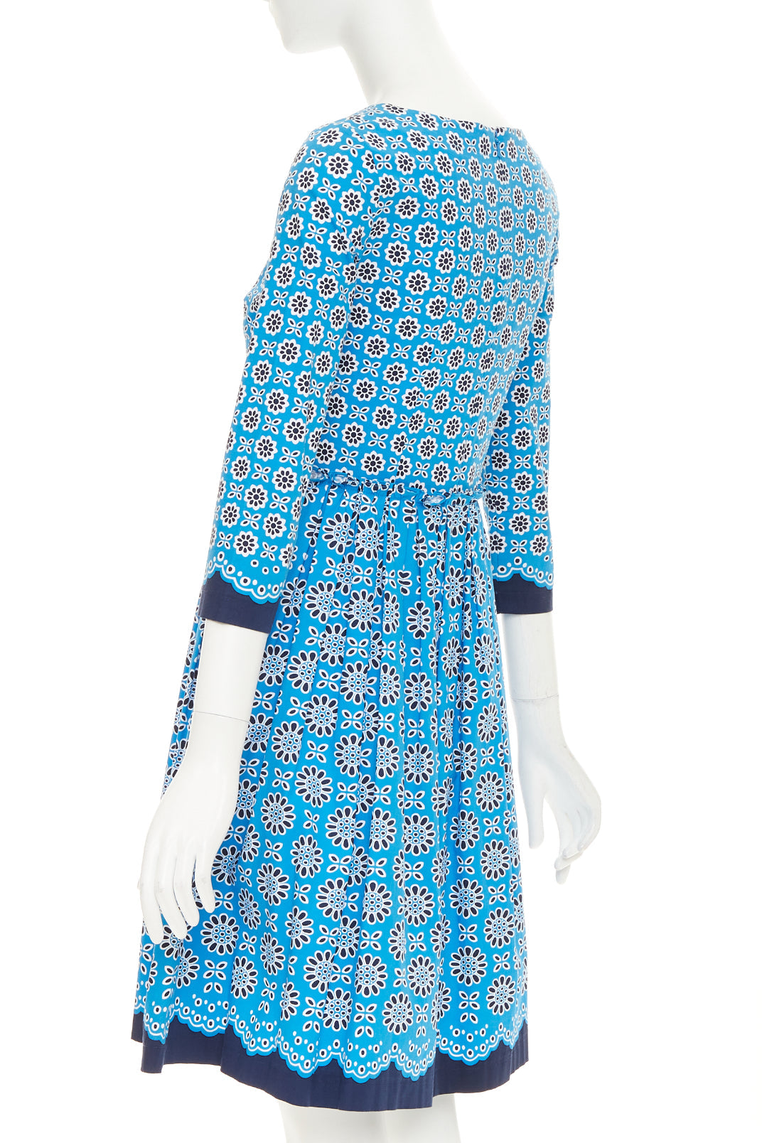 OSCAR DE LA RENTA S16 blue geometric floral print cotton A-line dress US0 XS