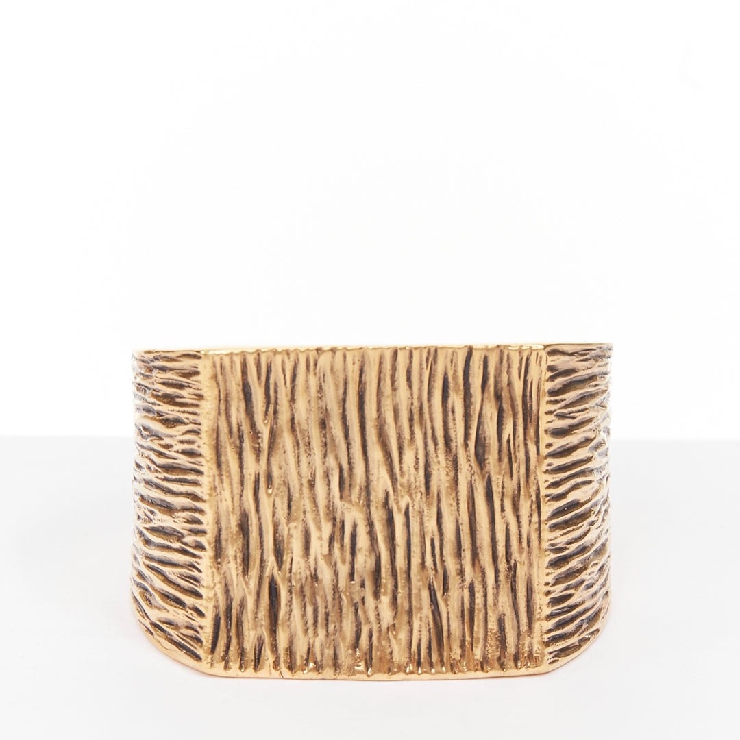 SAINT LAURENT aged gold tone bark wood textured square cuff bangle manchette