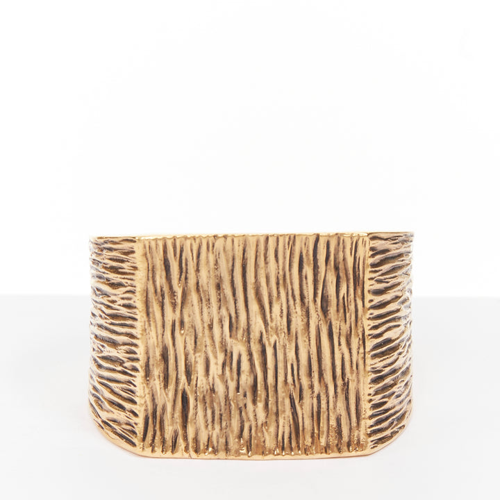 SAINT LAURENT aged gold tone bark wood textured square cuff bangle manchette