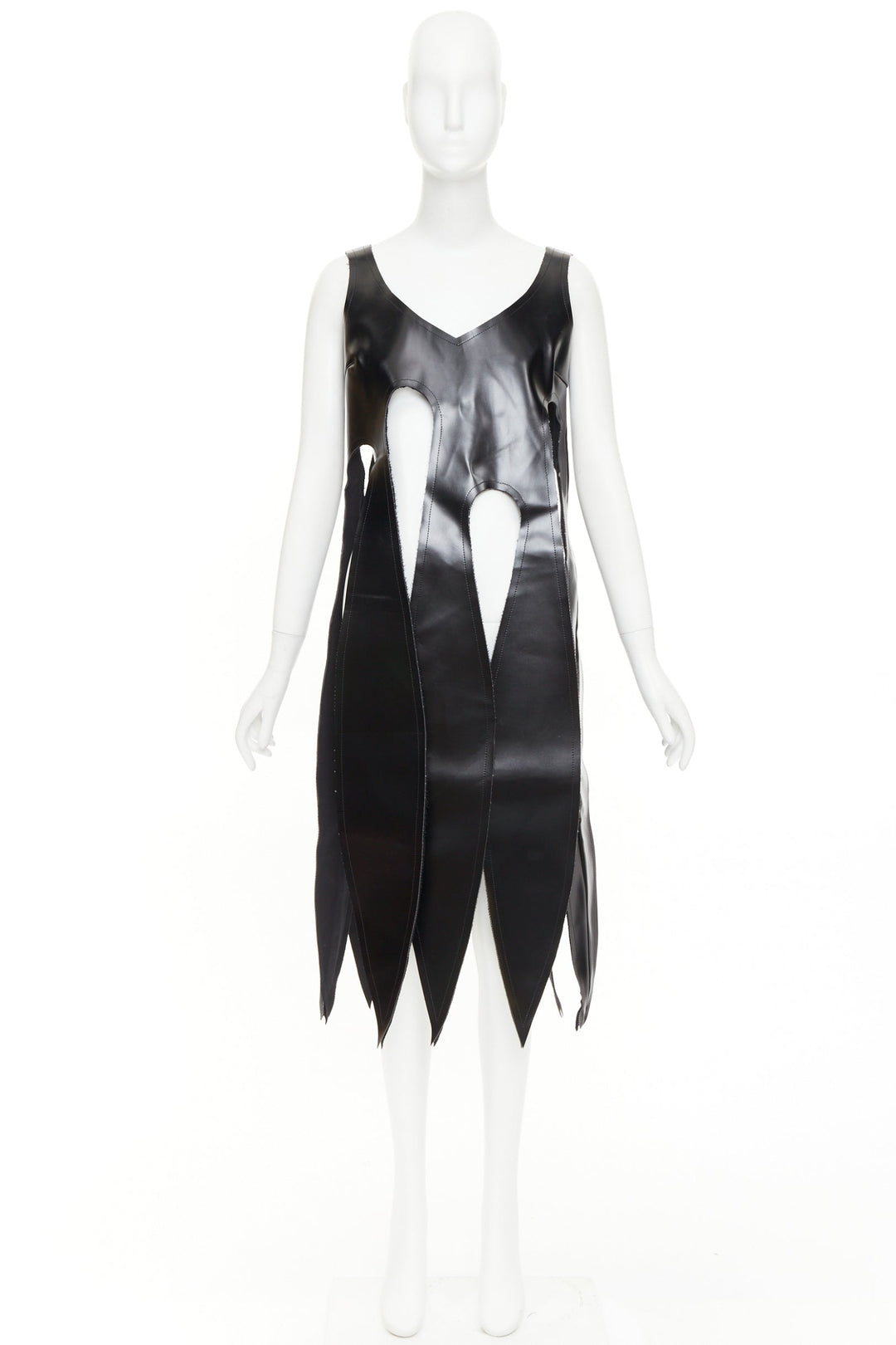 rare COMME DES GARCONS 2019 Runway black PU V neck cut out fringe top S