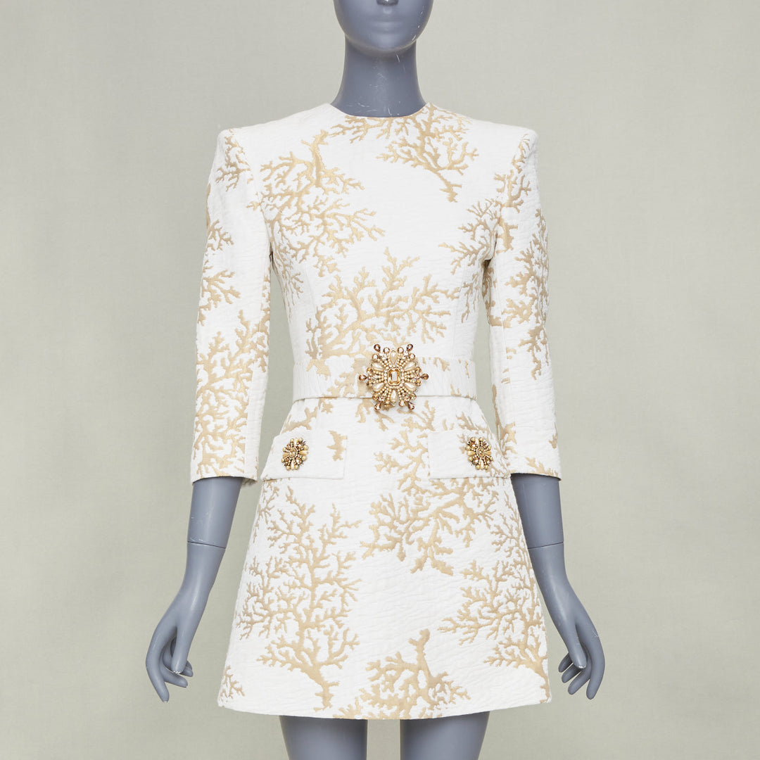 ANDREW GN 2022 Runway Coral Jacquard white gold belted cocktail dress FR34 XXS
