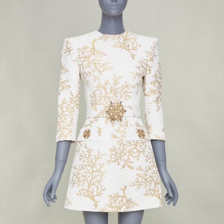 ANDREW GN 2022 Runway Coral Jacquard white gold belted cocktail dress FR34 XXS