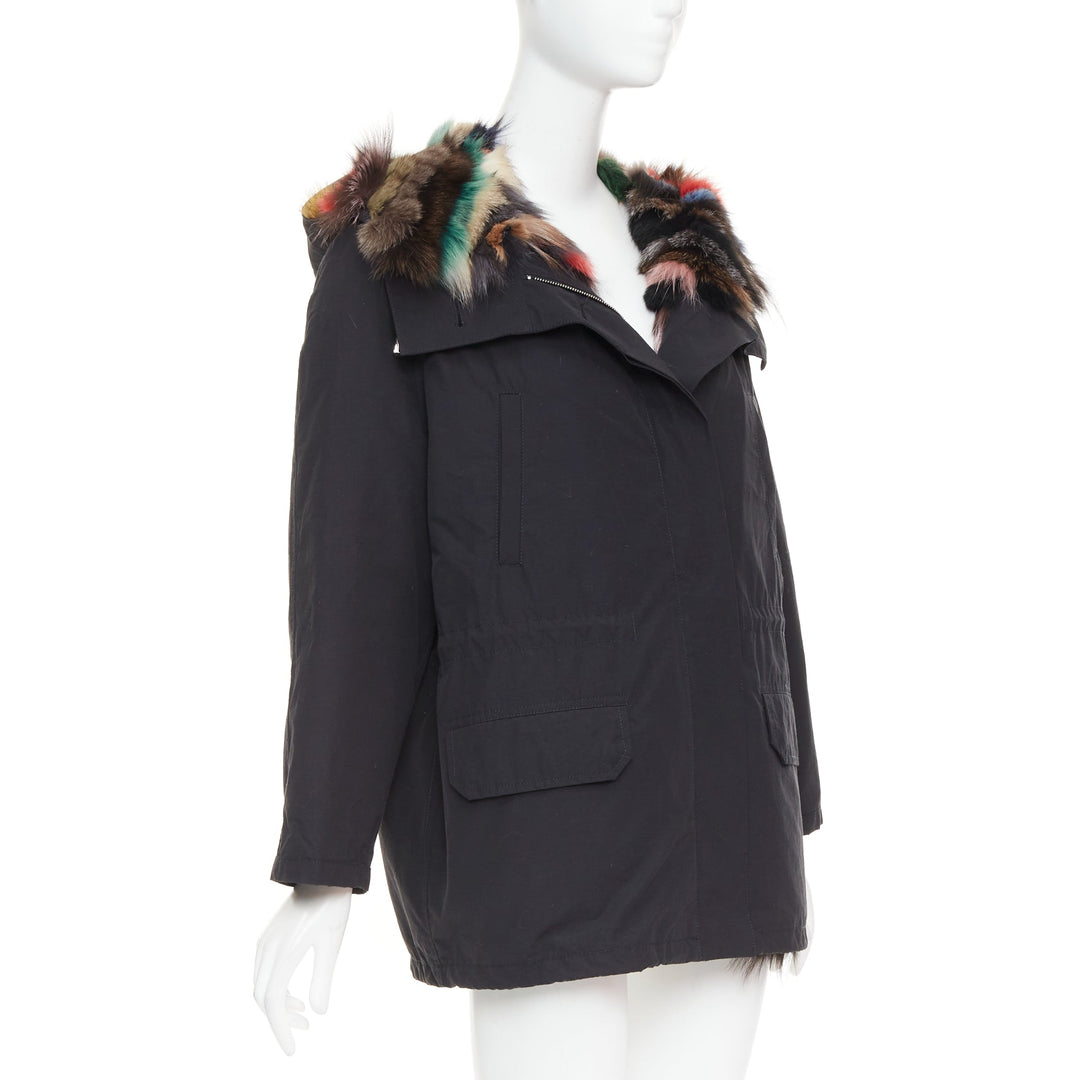 Black cotton detachable multicolour fox fur lined parka coat IT36 XXS