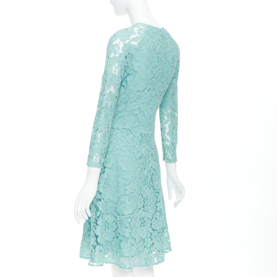 OSCAR DE LA RENTA P16 turquoise green cotton blend floral lace dress US0 XS