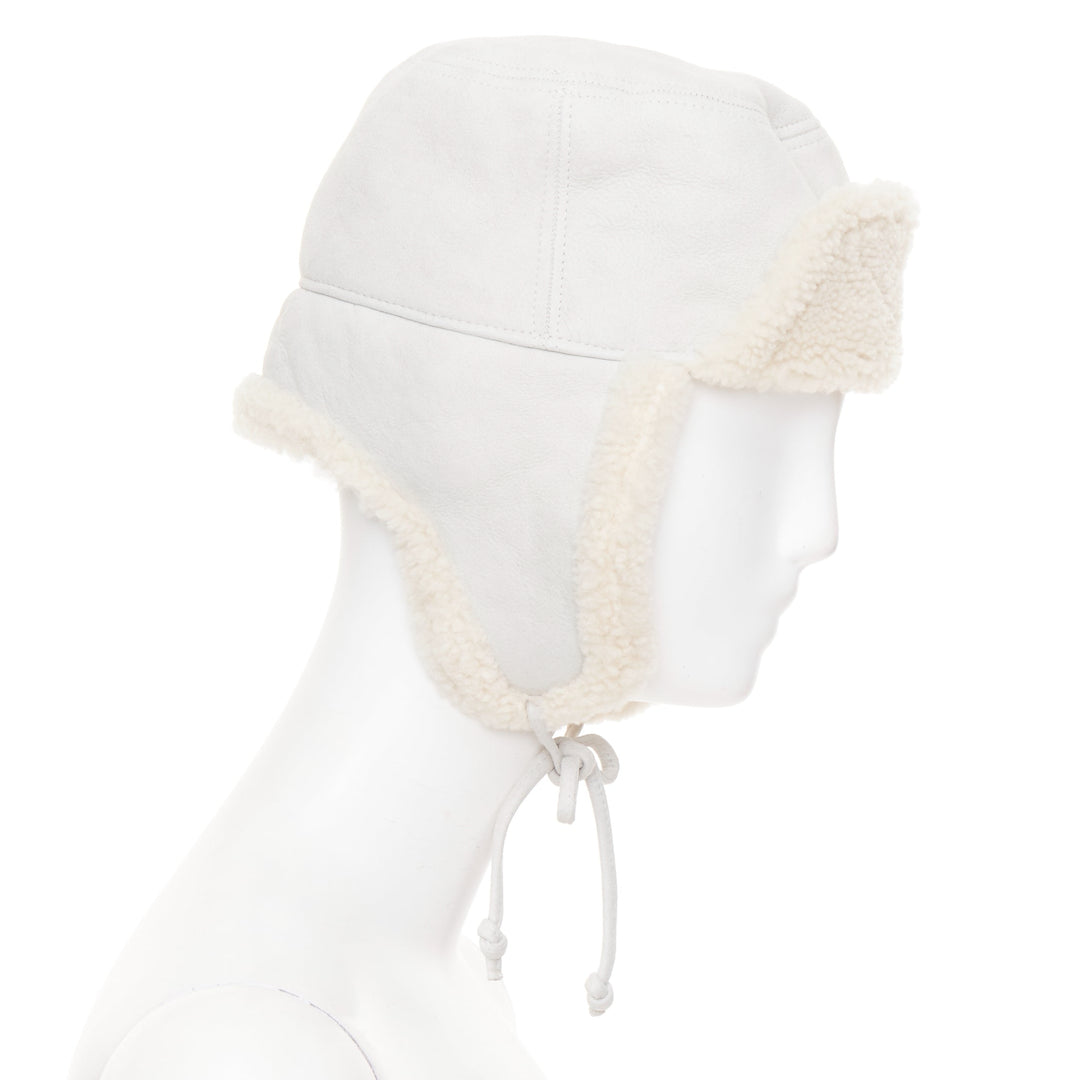 HERMES Mouton Moelluex light grey lambskin suede shearling trapper hat 56cm