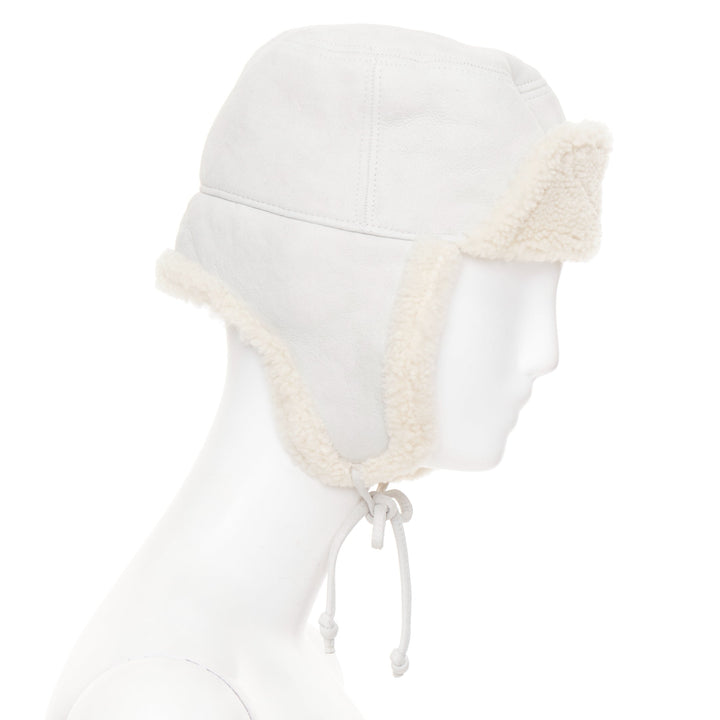 HERMES Mouton Moelluex light grey lambskin suede shearling trapper hat 56cm