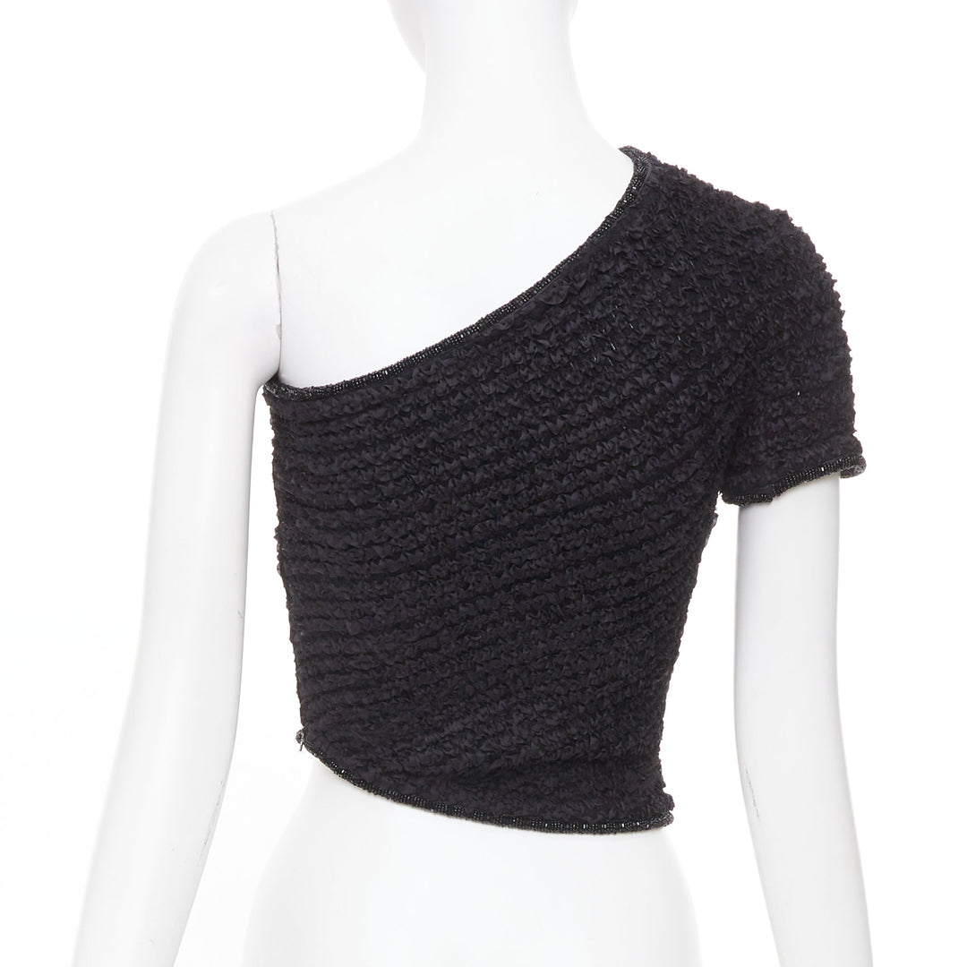 EMPORIO ARMANI 1999 Runway black shirred ruffle beaded asymmetric top IT38 XS