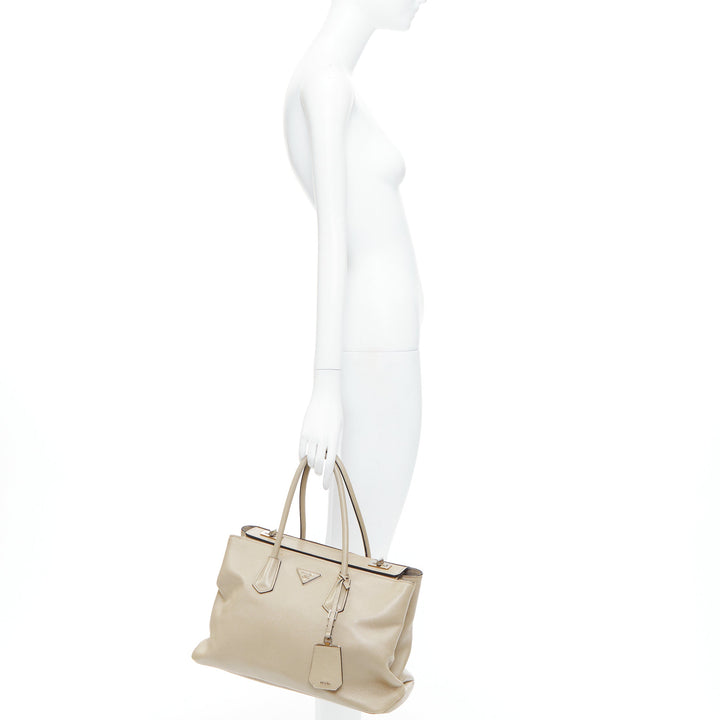 PRADA Twin beige saffiano leather trangle logo top handle tote bag