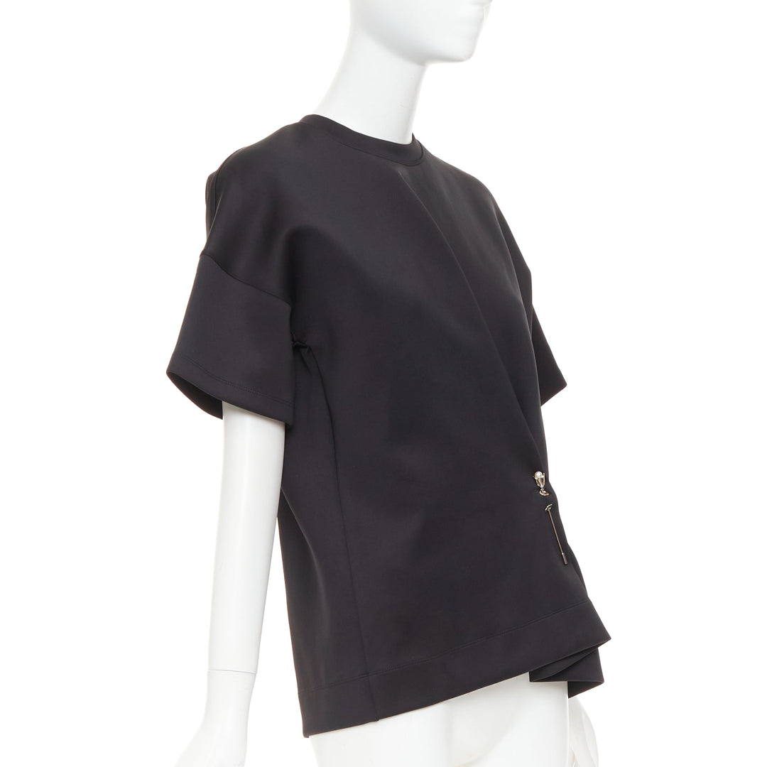 BALENCIAGA 2015 Runway black neoprene pearl pin asymmetric draped boxy top S