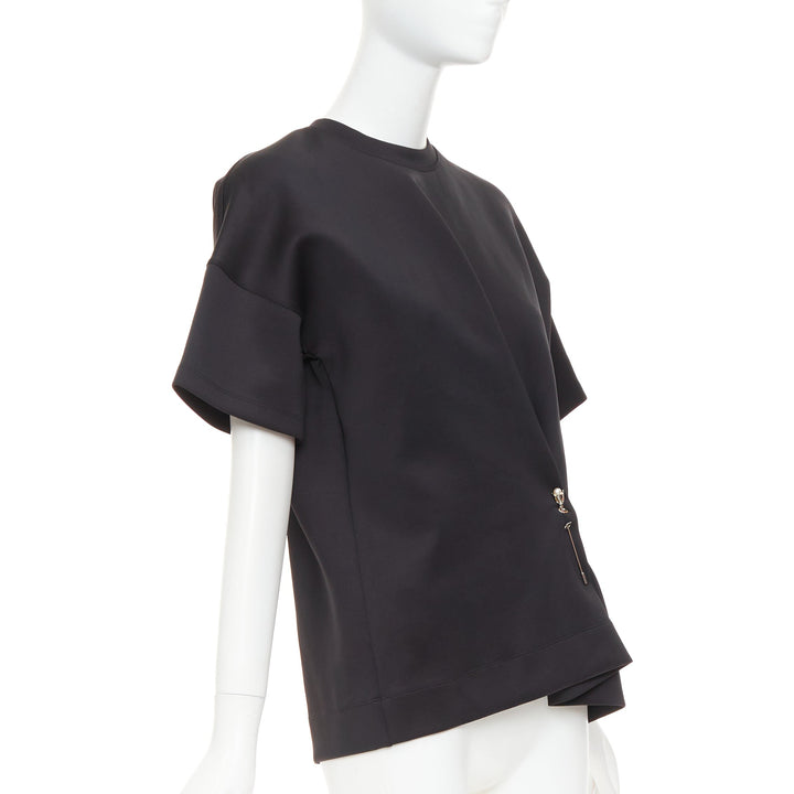 BALENCIAGA 2015 Runway black neoprene pearl pin asymmetric draped boxy top S
