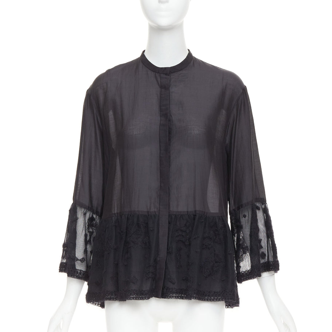 THE ROW black cotton silk fringed embroidered lace peplum sheer shirt US2 S