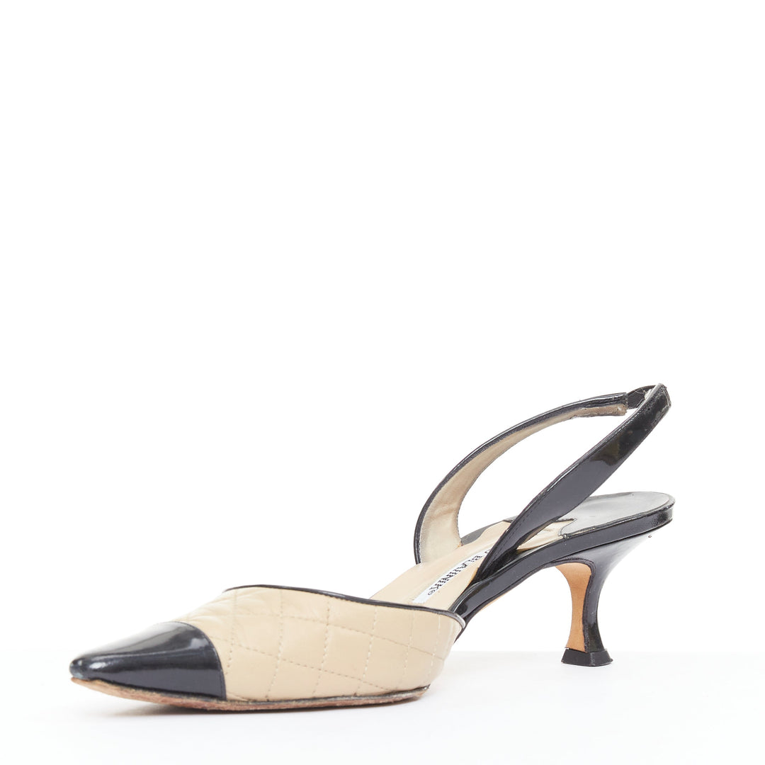 MANOLO BLAHNIK nude quilted leather stitch black toe cap slingback heel EU39