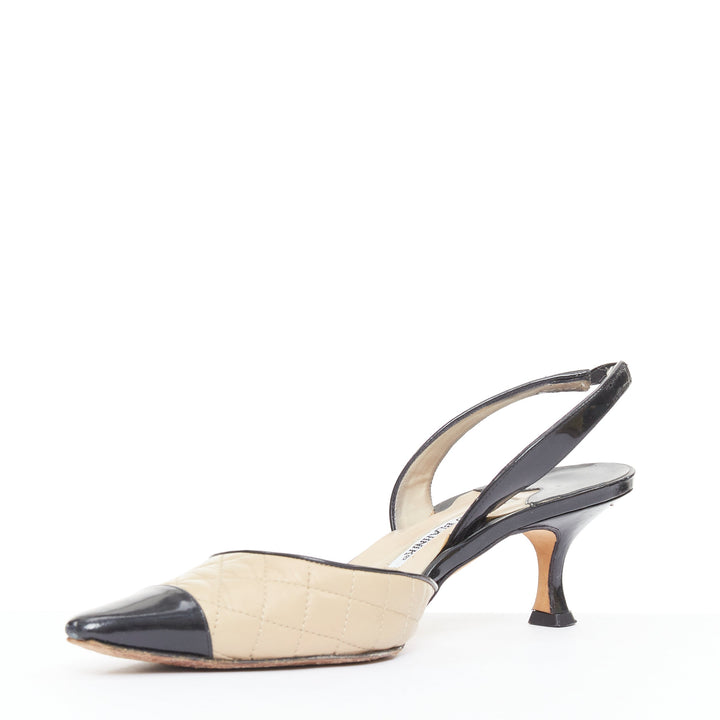 MANOLO BLAHNIK nude quilted leather stitch black toe cap slingback heel EU39