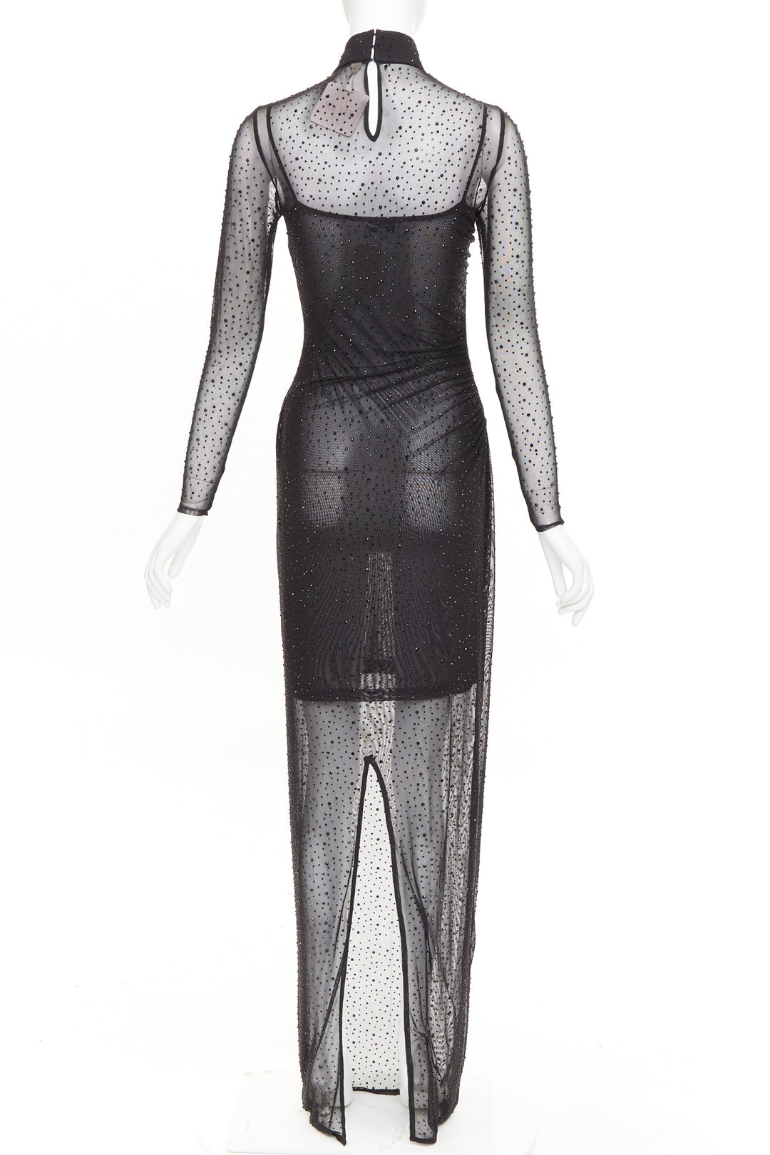 SAU LEE Kai black sheer mesh crystal cheongsam maxi gown US2 S