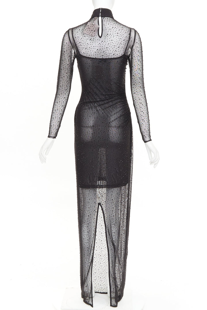 SAU LEE Kai black sheer mesh crystal cheongsam maxi gown US2 S
