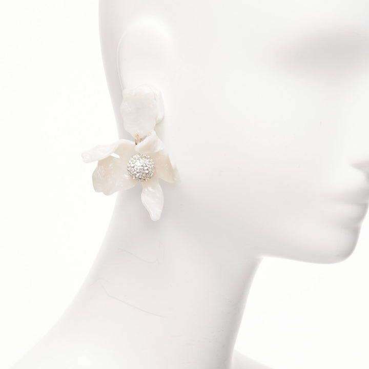 LELE SADOUGHI white marbled acrylic flower silver crystals clip on earrings