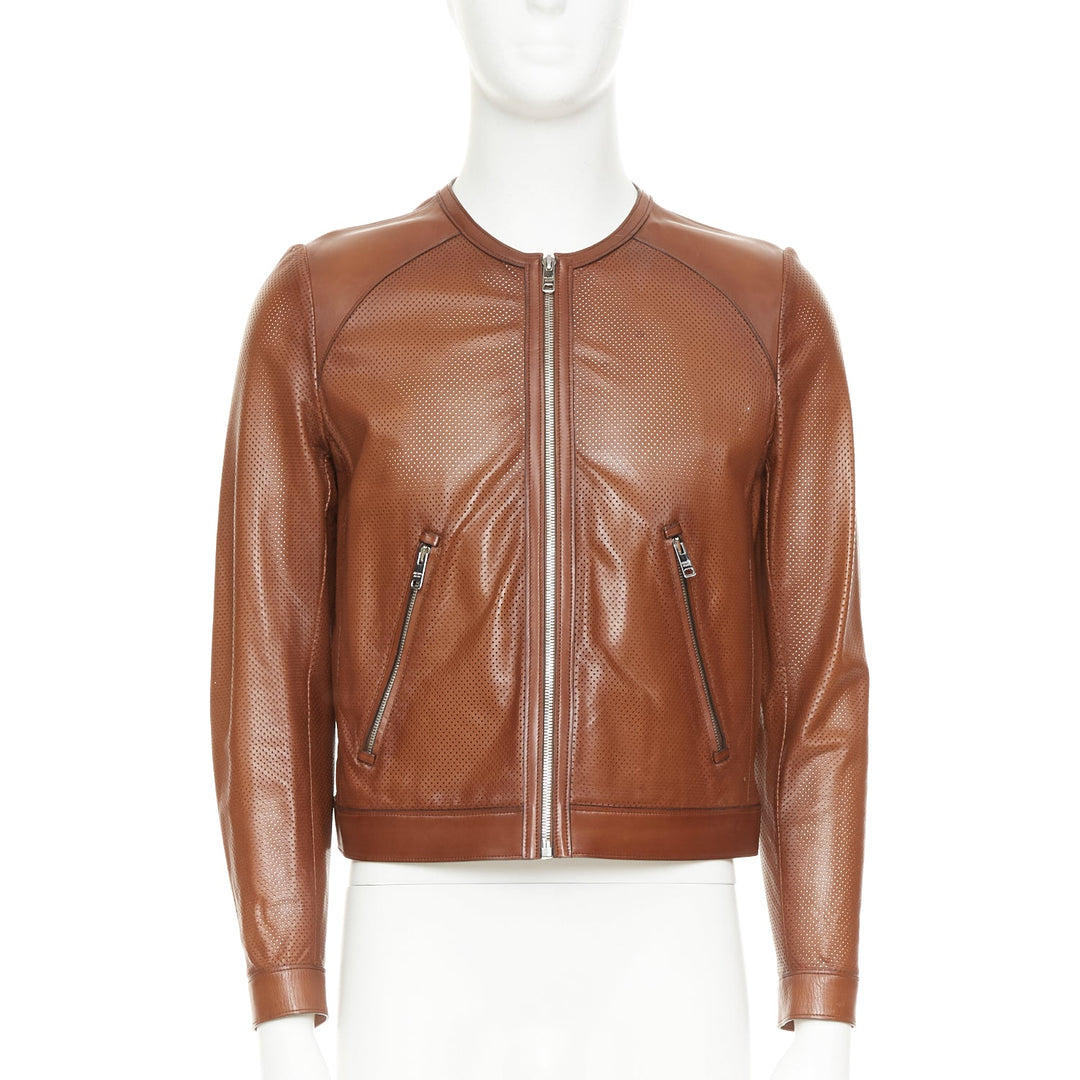 PRADA 2013 brown perforated lambskin leather zip collarless bomber jacket IT46 S