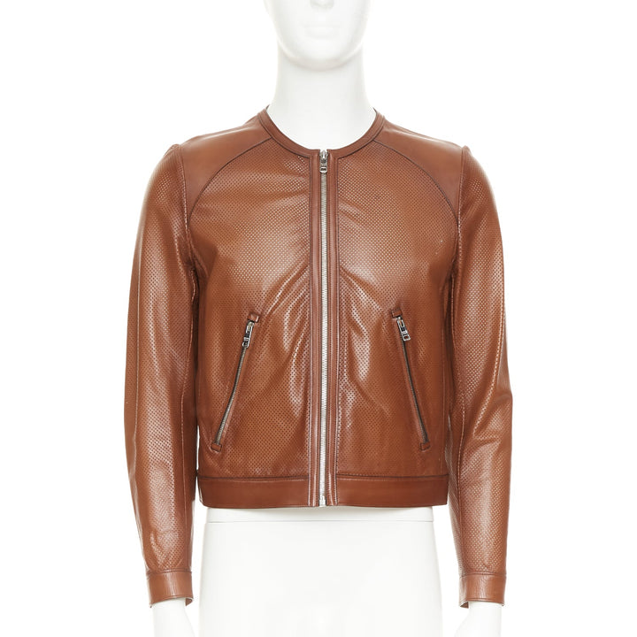 PRADA 2013 brown perforated lambskin leather zip collarless bomber jacket IT46 S
