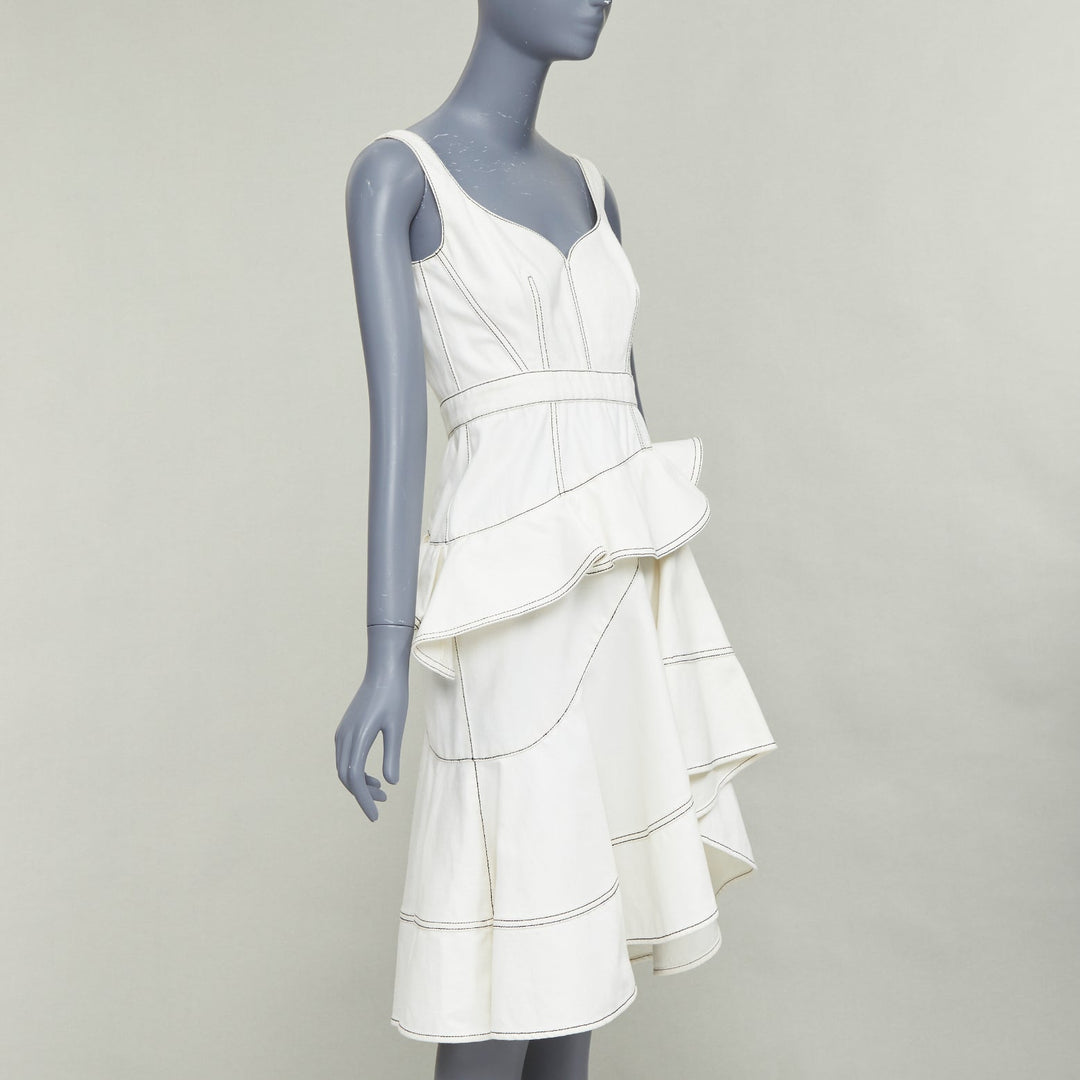 ALEXANDER MCQUEEN 2019 cream denim black topstitch ruffle peplum dress IT40 M