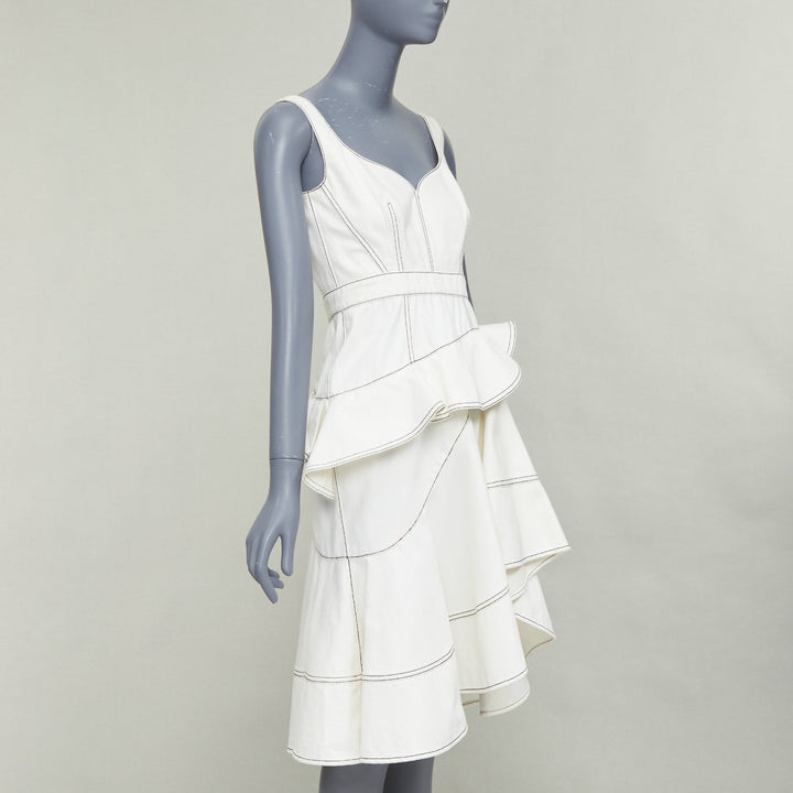 ALEXANDER MCQUEEN 2019 cream denim black topstitch ruffle peplum dress IT40 M