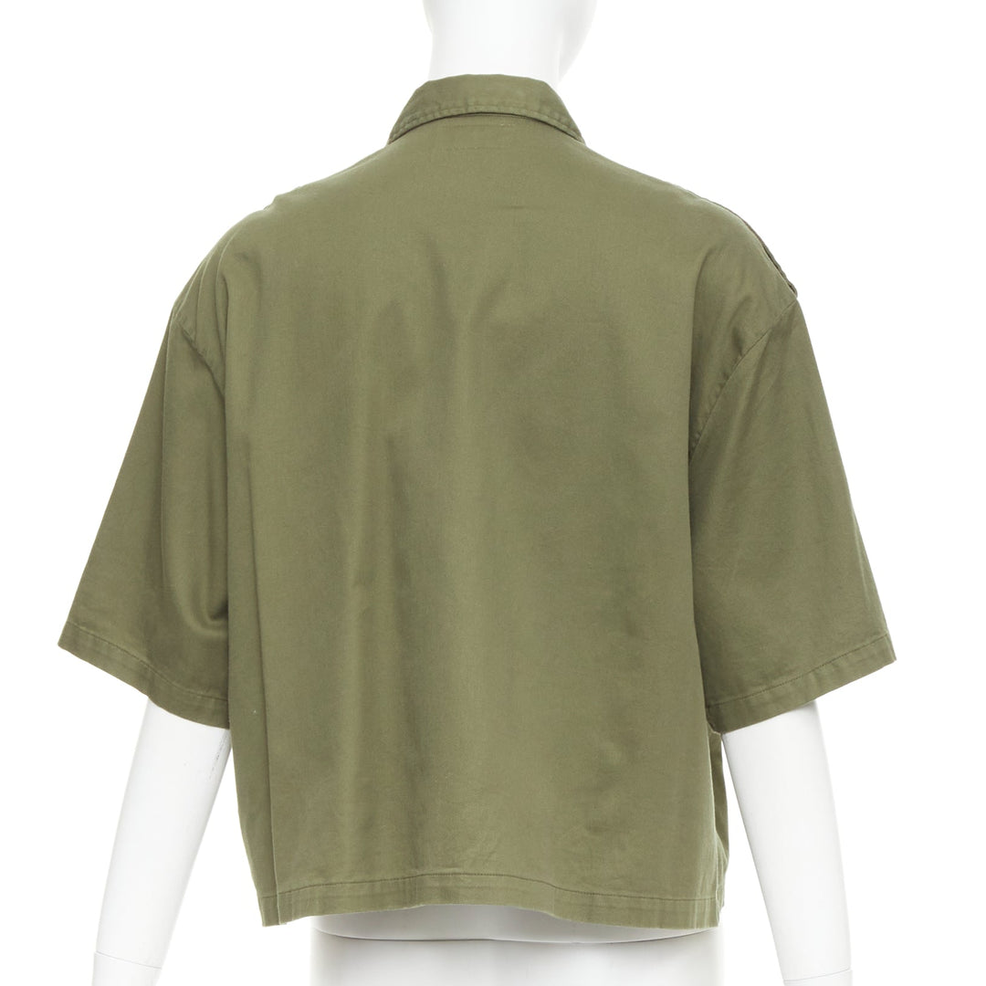 CELINE khaki green cotton gold Triomphe button military cropped shirt FR36 S