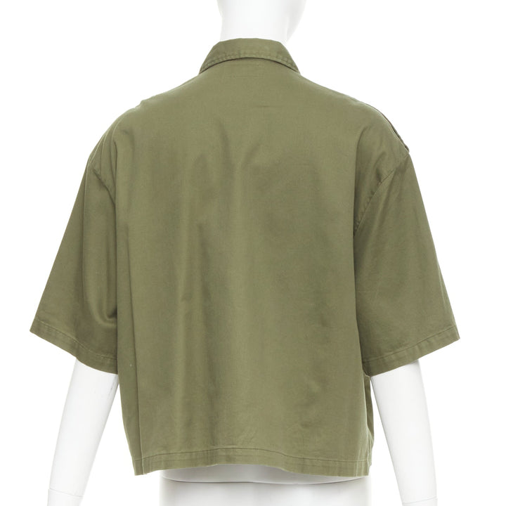 CELINE khaki green cotton gold Triomphe button military cropped shirt FR36 S