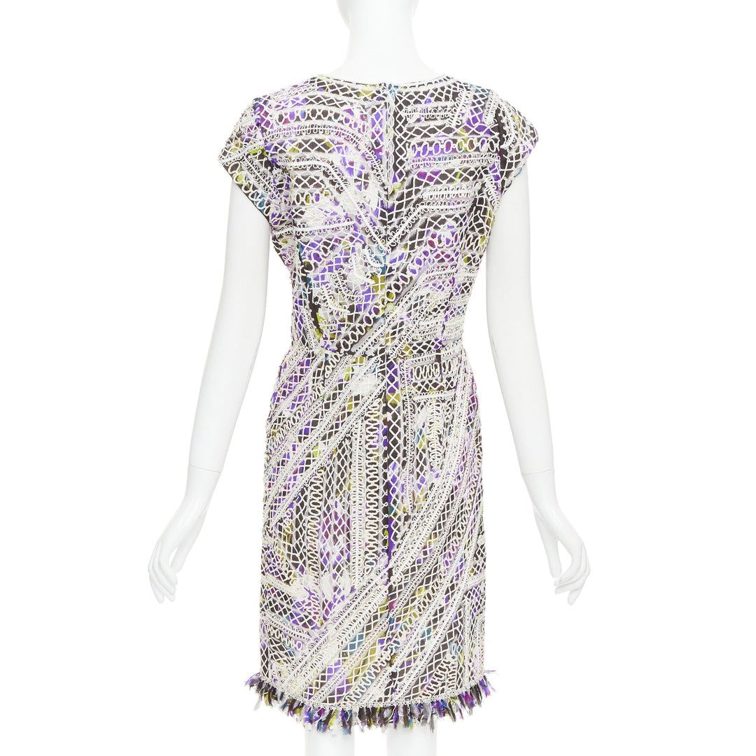 OSCAR DE LA RENTA Runway purple white silk embroidery anglais fringe dress US6 M