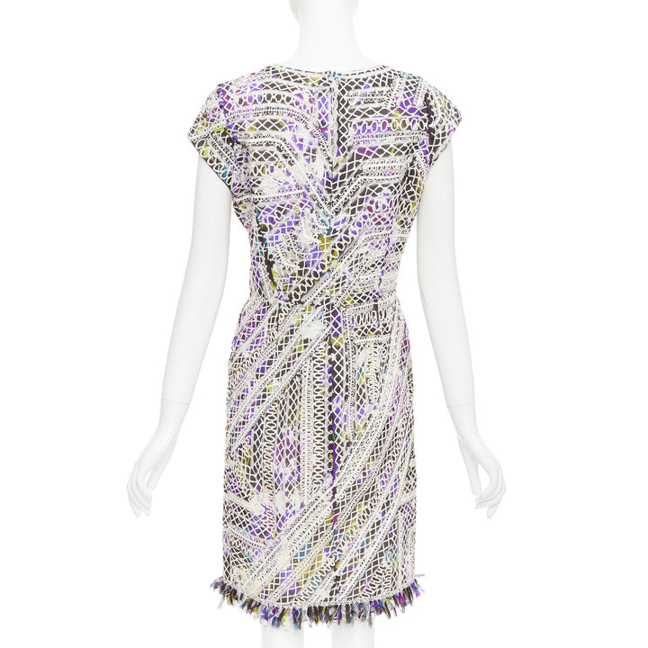 OSCAR DE LA RENTA Runway purple white silk embroidery anglais fringe dress US6 M